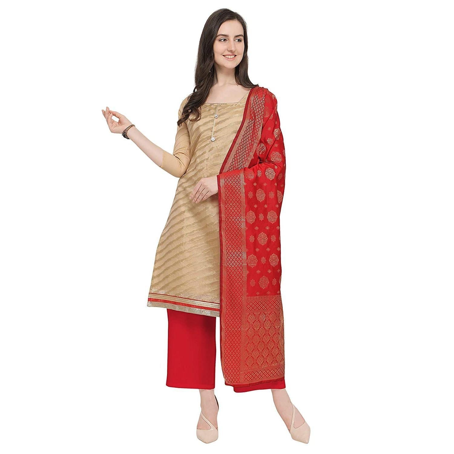 Blissta Red Casual Wear Stripes Jacquard Silk Blend Dress Material - Peachmode