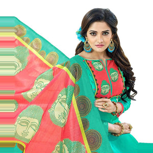 Blissta Turquoise Casual Wear Lord Buddha Printed Chanderi Dress Material - Peachmode