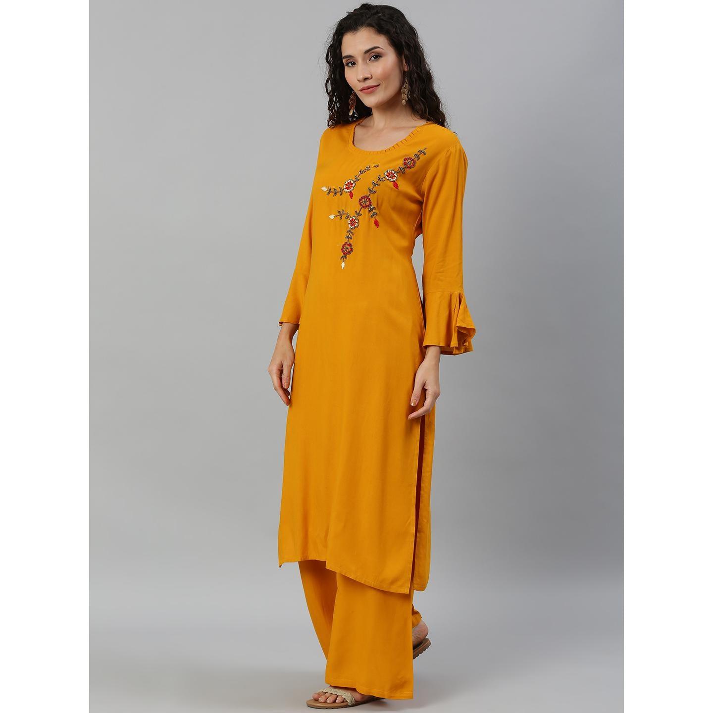Blissta Women Mustard Solid Kurti With Plazzo With Hand Work Detailing - Peachmode