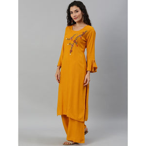 Blissta Women Mustard Solid Kurti With Plazzo With Hand Work Detailing - Peachmode