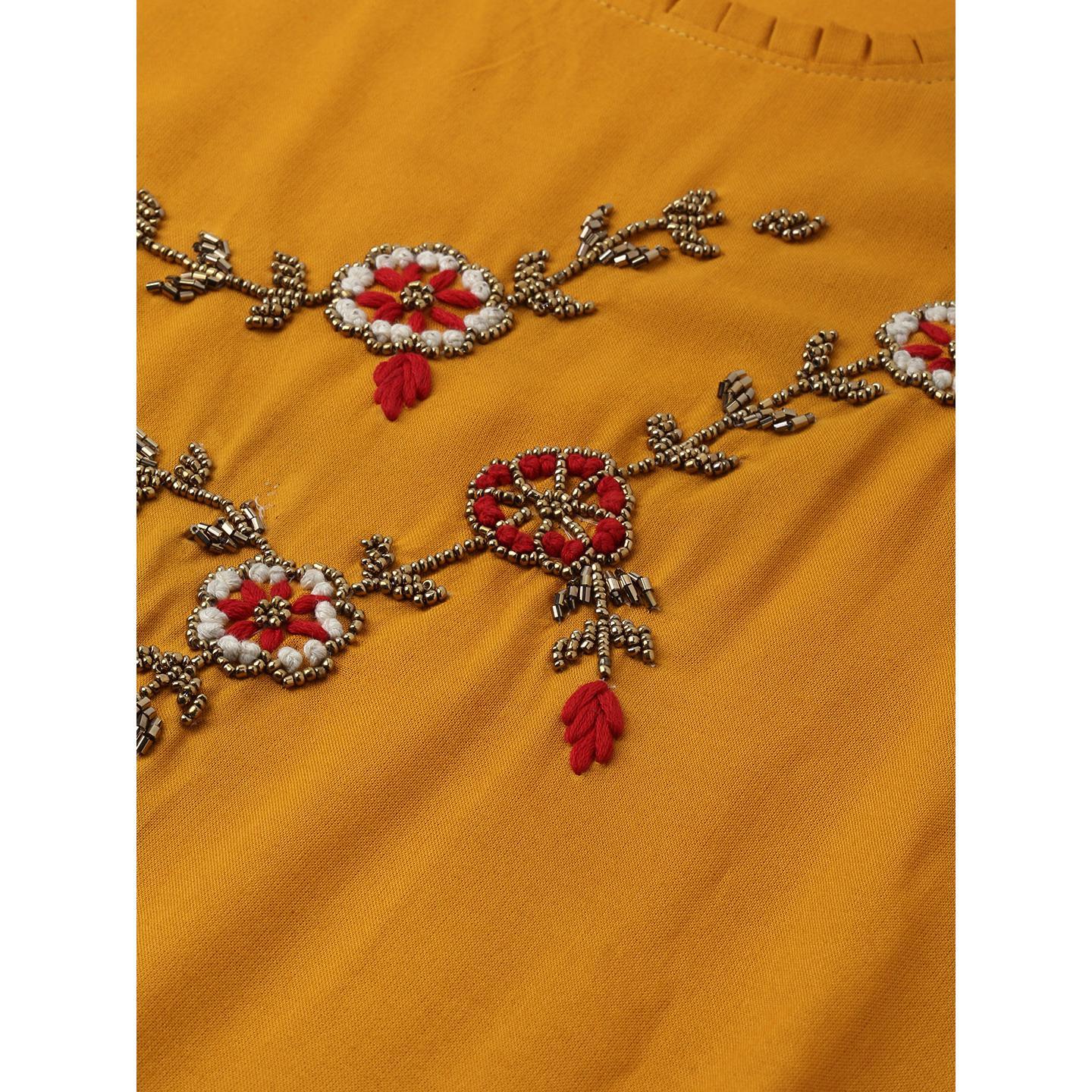 Blissta Women Mustard Solid Kurti With Plazzo With Hand Work Detailing - Peachmode