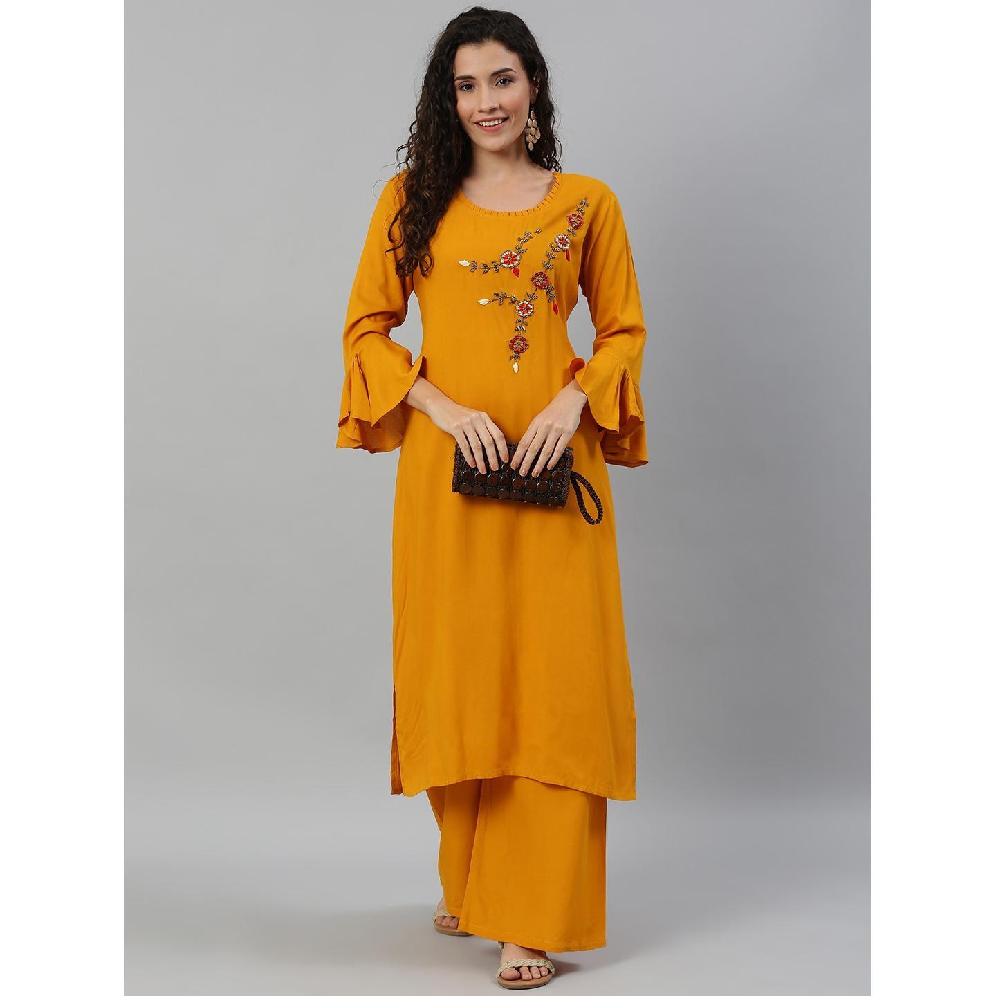 Blissta Women Mustard Solid Kurti With Plazzo With Hand Work Detailing - Peachmode