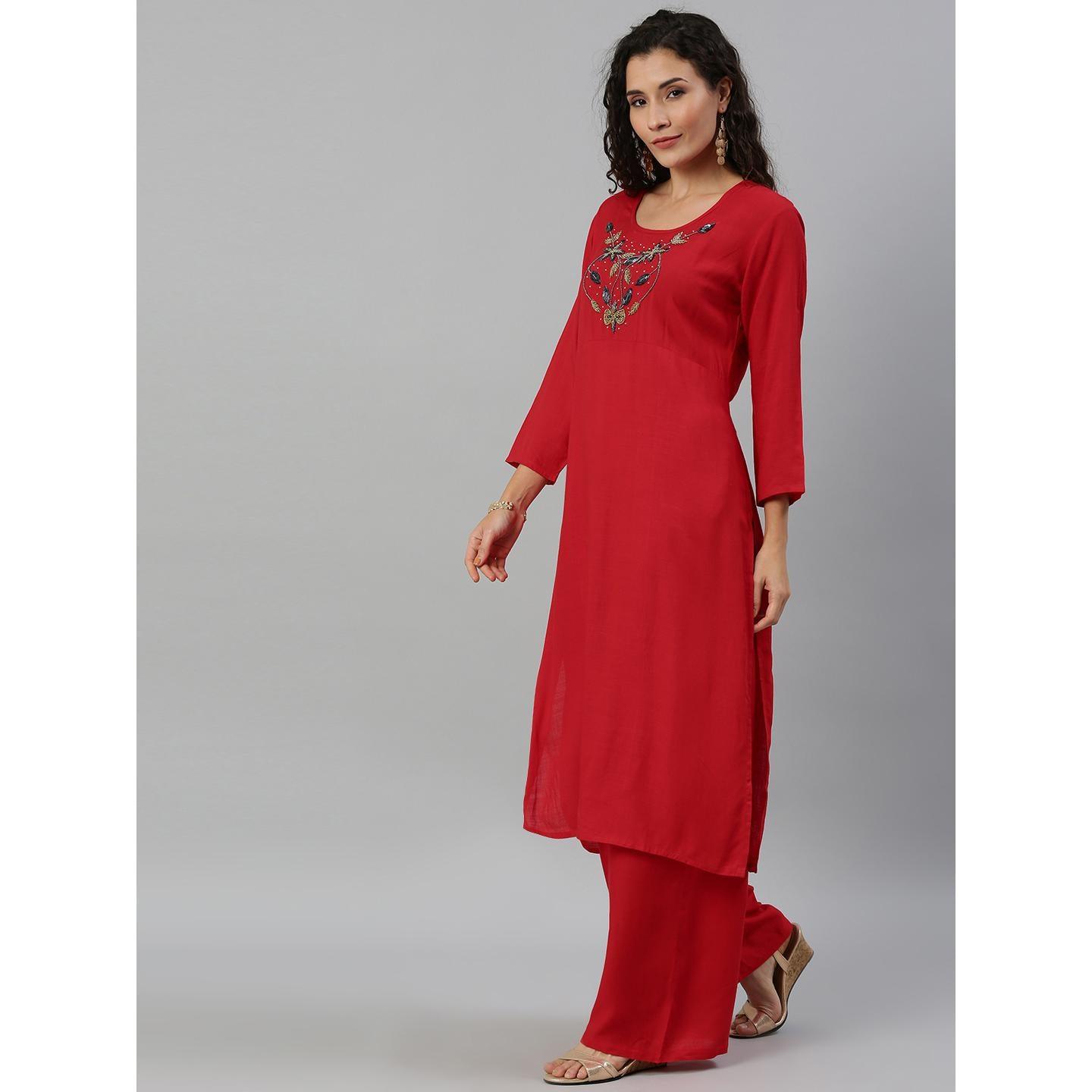Blissta Women Red Coloured Solid Kurti With Plazzo With Hamd Work Detailing - Peachmode