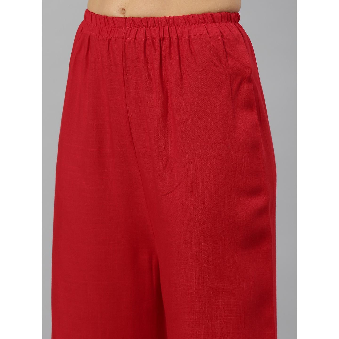 Blissta Women Red Coloured Solid Kurti With Plazzo With Hamd Work Detailing - Peachmode