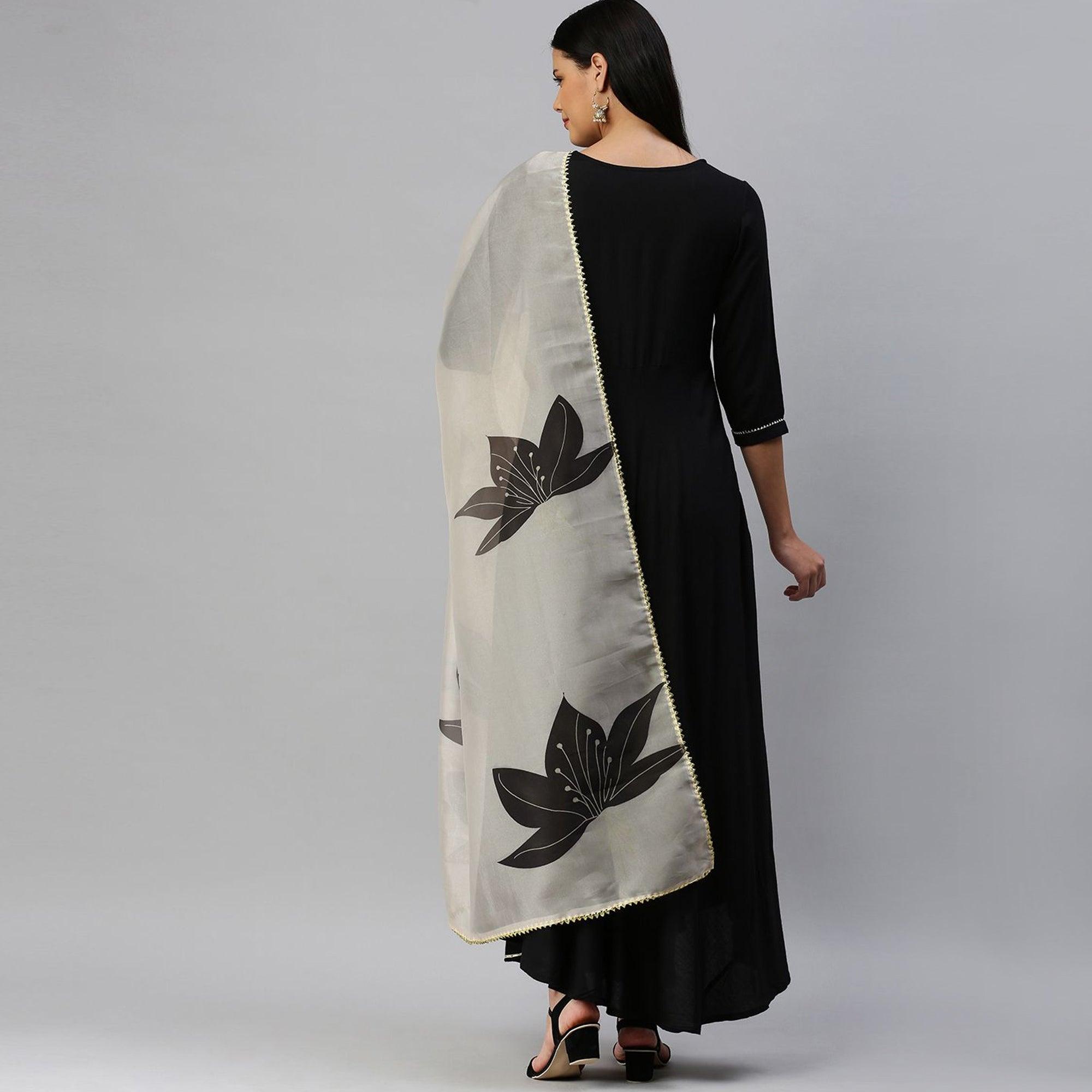 Blissta - Women's Black Rayon Gota Patti Work Anarkali Kurti With Dupatta - Peachmode