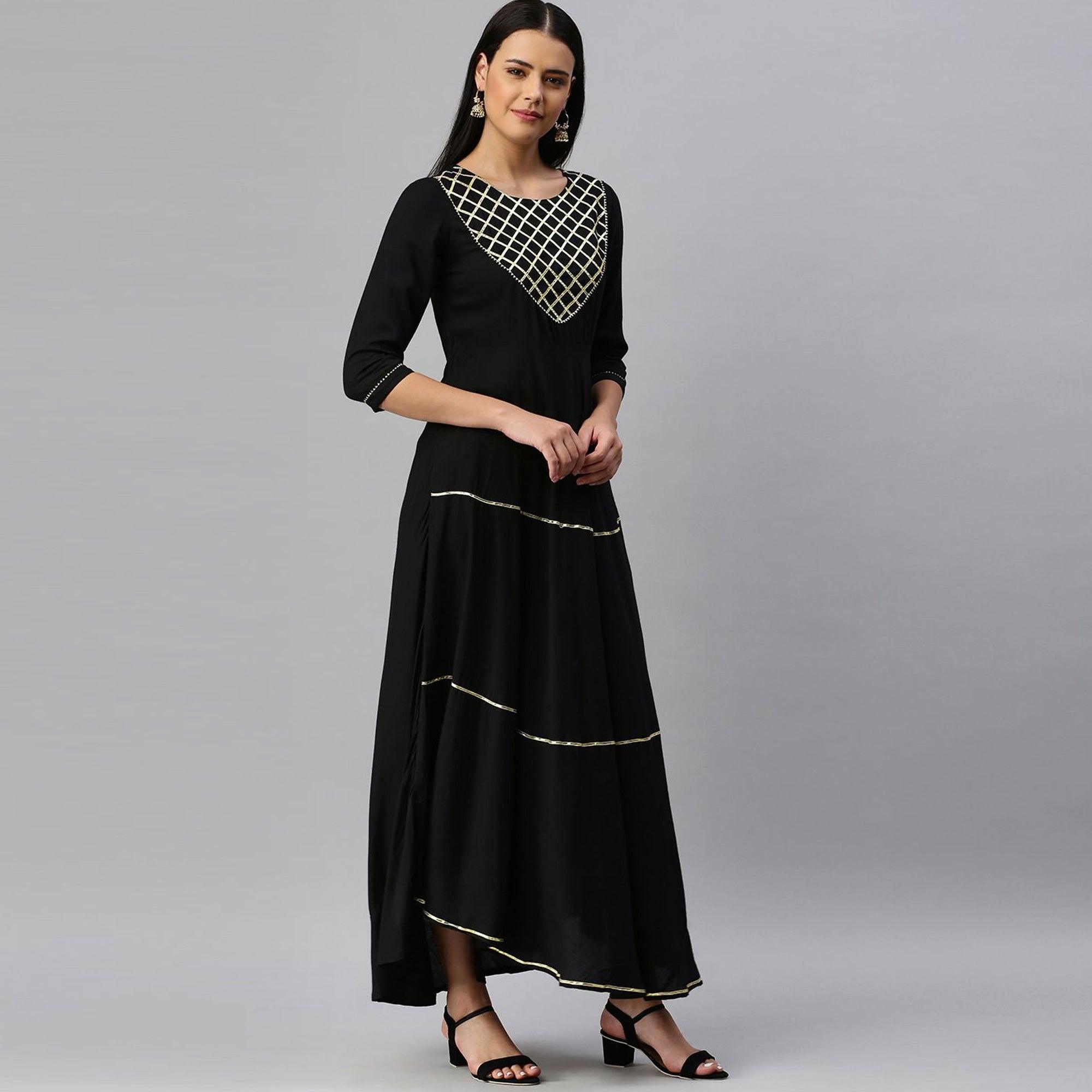 Blissta - Women's Black Rayon Gota Patti Work Anarkali Kurti With Dupatta - Peachmode