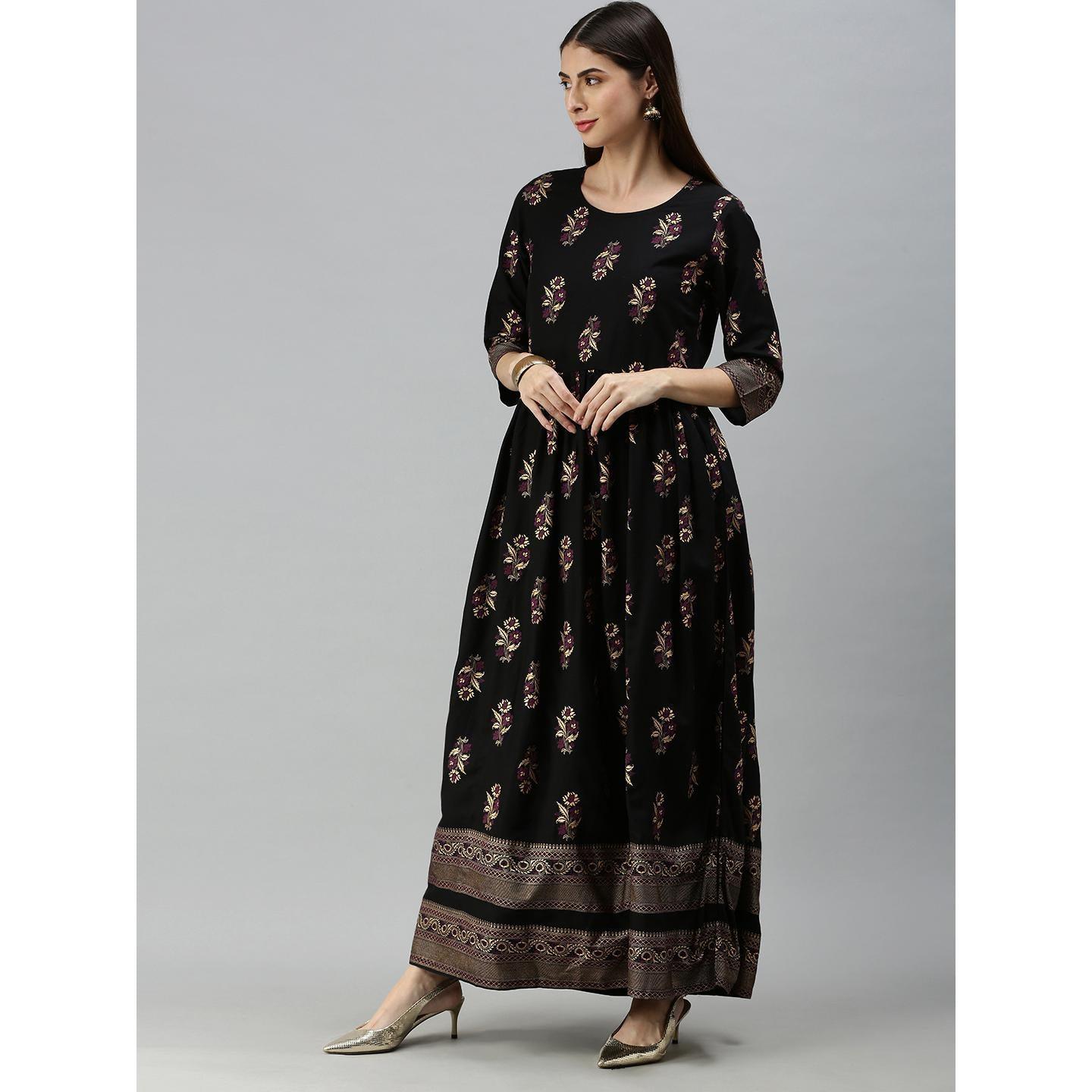 Blissta Women's Casual Wear Black floral Printed Straight Rayon Kurti - Peachmode