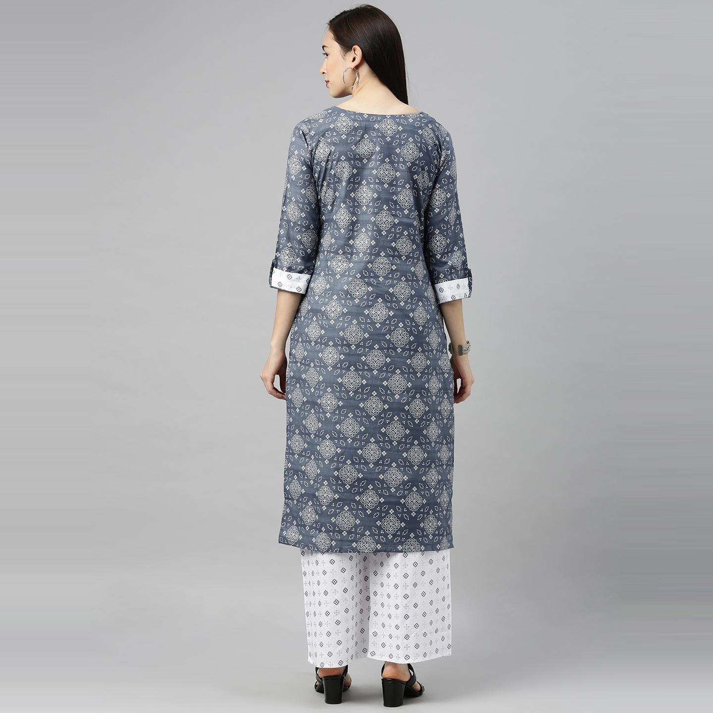 Blissta - Women's Dark Grey Colored Printed Cotton Straight Kurta and Palazzo Set - Peachmode