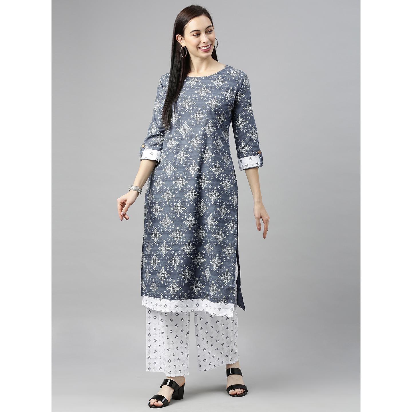 Blissta - Women's Dark Grey Colored Printed Cotton Straight Kurta and Palazzo Set - Peachmode
