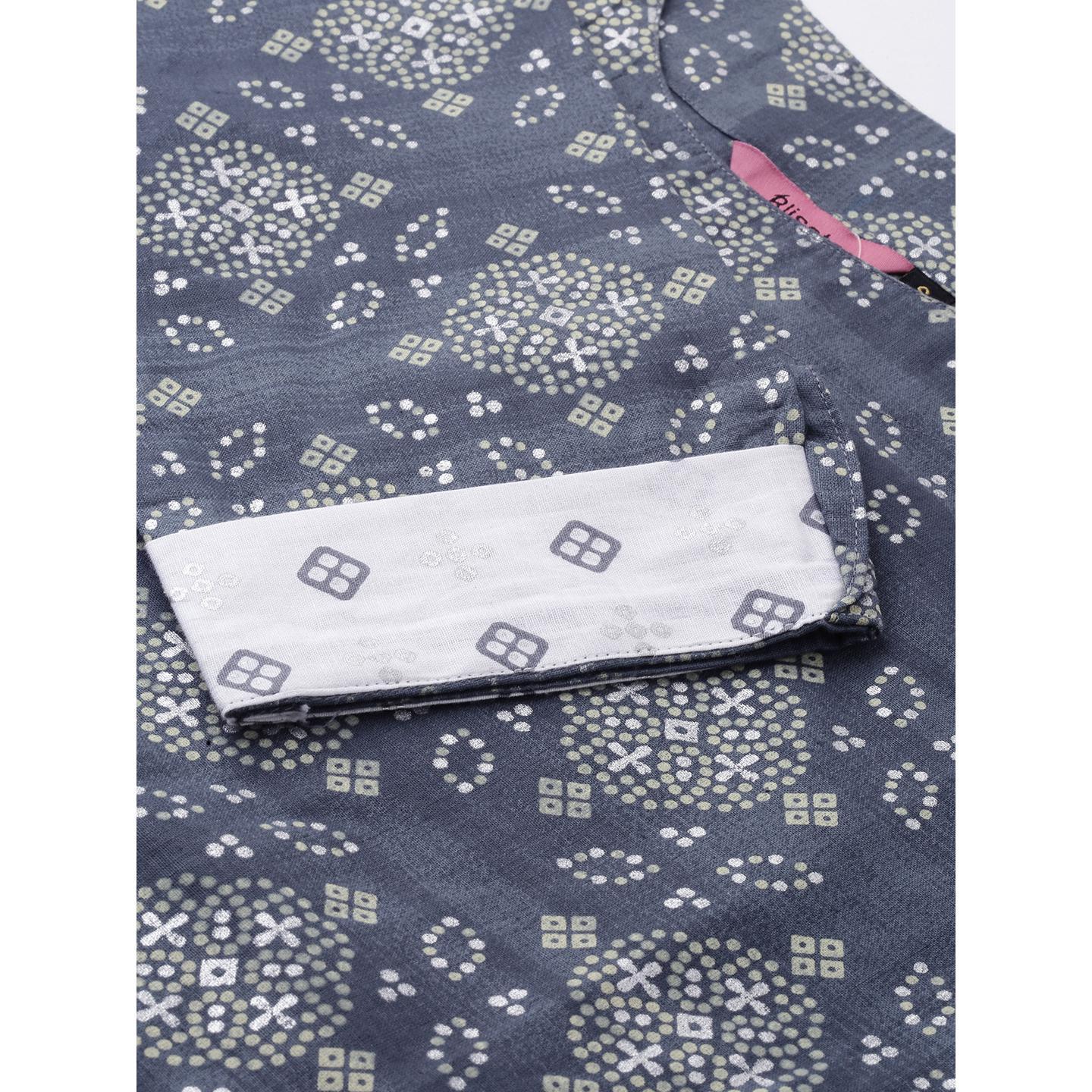 Blissta - Women's Dark Grey Colored Printed Cotton Straight Kurta and Palazzo Set - Peachmode