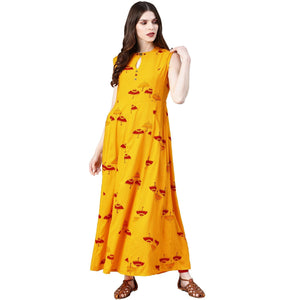 Blissta Women's Mustard Coloured Rayon Printed Anarkali Kurti - Peachmode