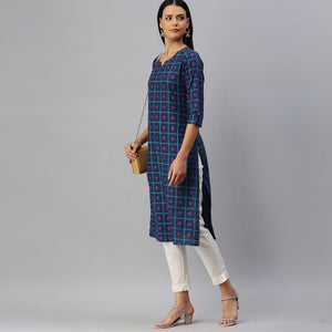 Blissta - Women's Navy Blue Cotton Printed Straight Kurti - Peachmode