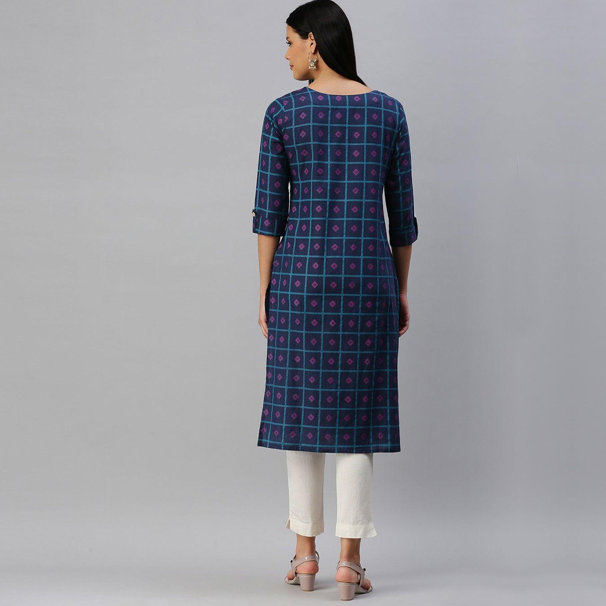 Blissta - Women's Navy Blue Cotton Printed Straight Kurti - Peachmode
