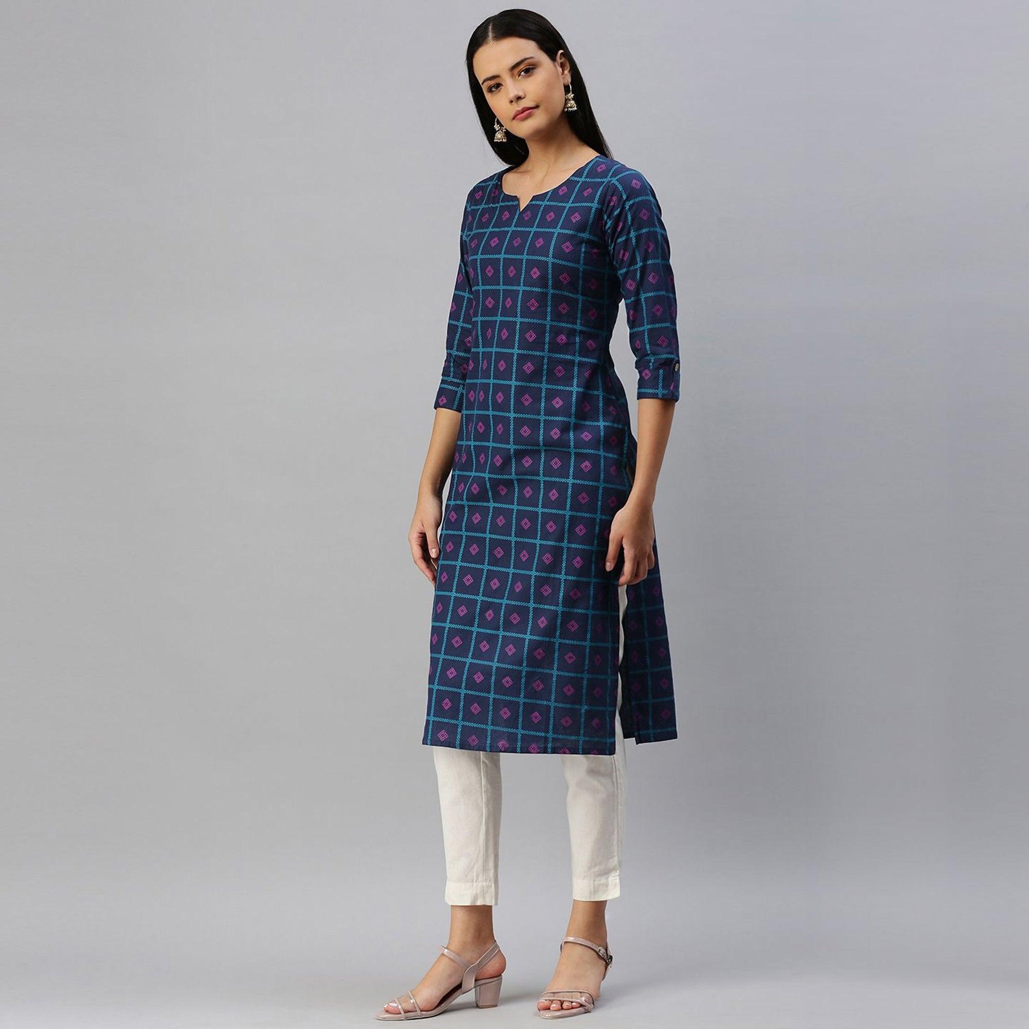 Blissta - Women's Navy Blue Cotton Printed Straight Kurti - Peachmode