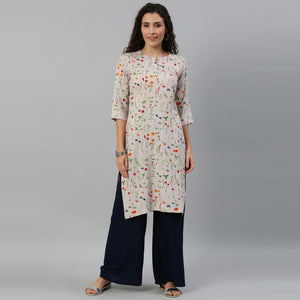 Blissta Women's Off White Rayon Printed Straight Kurti - Peachmode