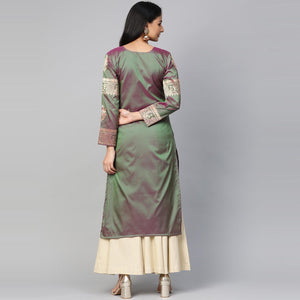 Blissta - Women's Olive Colored Banarasi Silk Straight Kurti - Peachmode