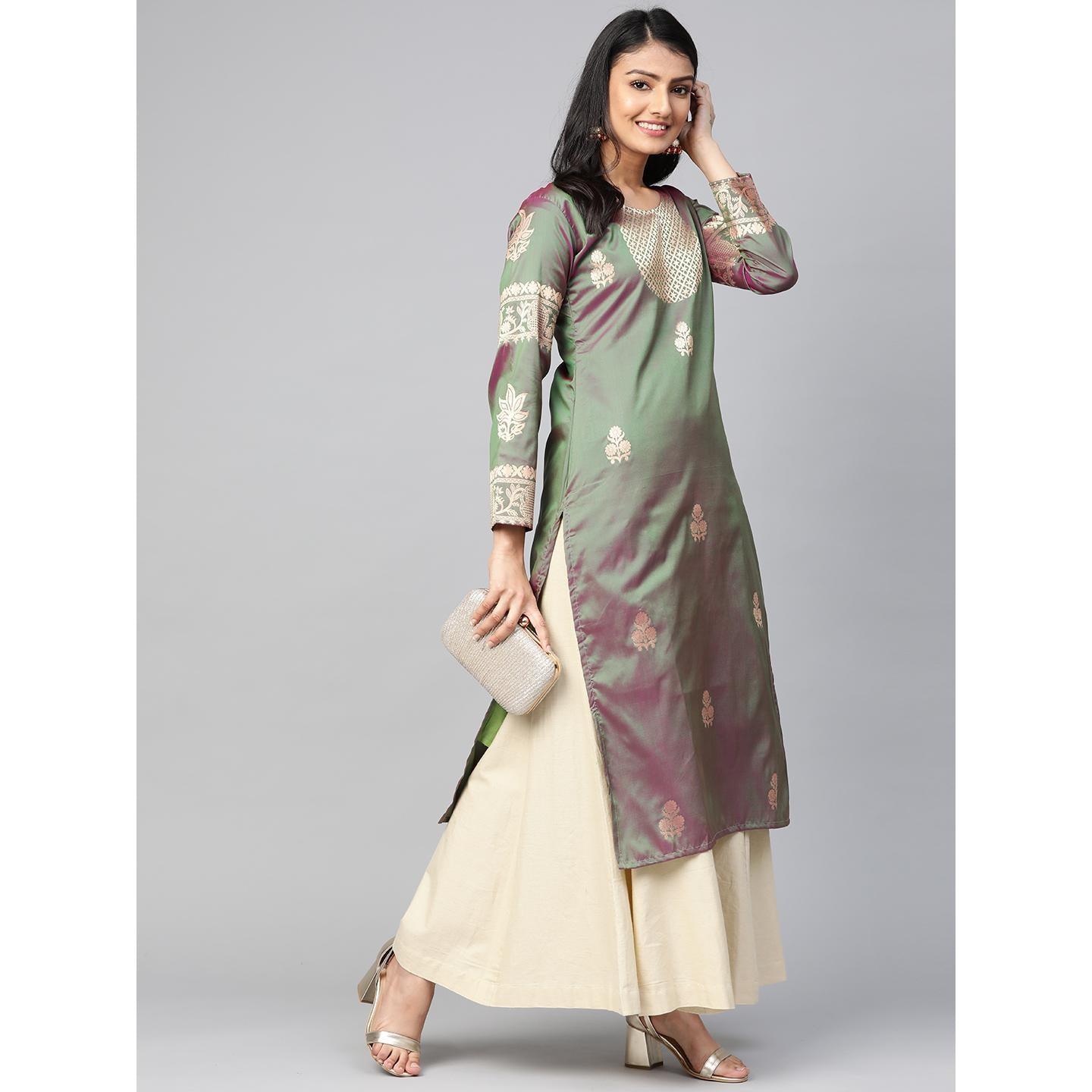Blissta - Women's Olive Colored Banarasi Silk Straight Kurti - Peachmode