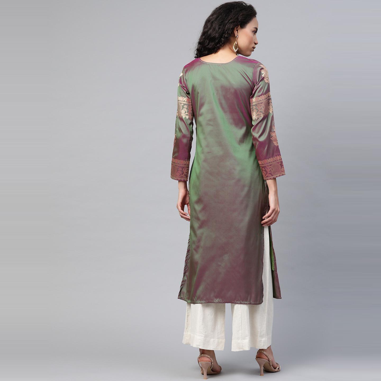 Blissta - Women's Olive Colored Banarasi Silk Straight Kurti - Peachmode