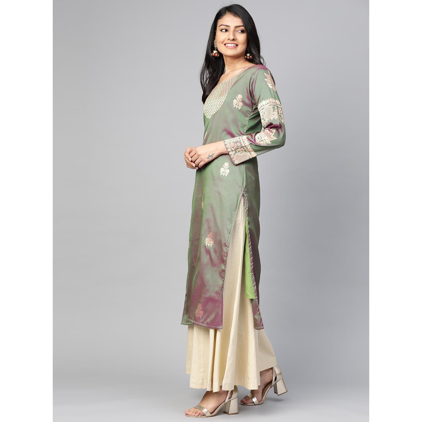 Blissta - Women's Olive Colored Banarasi Silk Straight Kurti - Peachmode