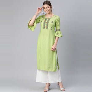 Blissta - Women's Olive Colored Printed&Pearl Work Straight Rayon Kurti - Peachmode