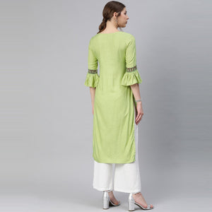 Blissta - Women's Olive Colored Printed&Pearl Work Straight Rayon Kurti - Peachmode