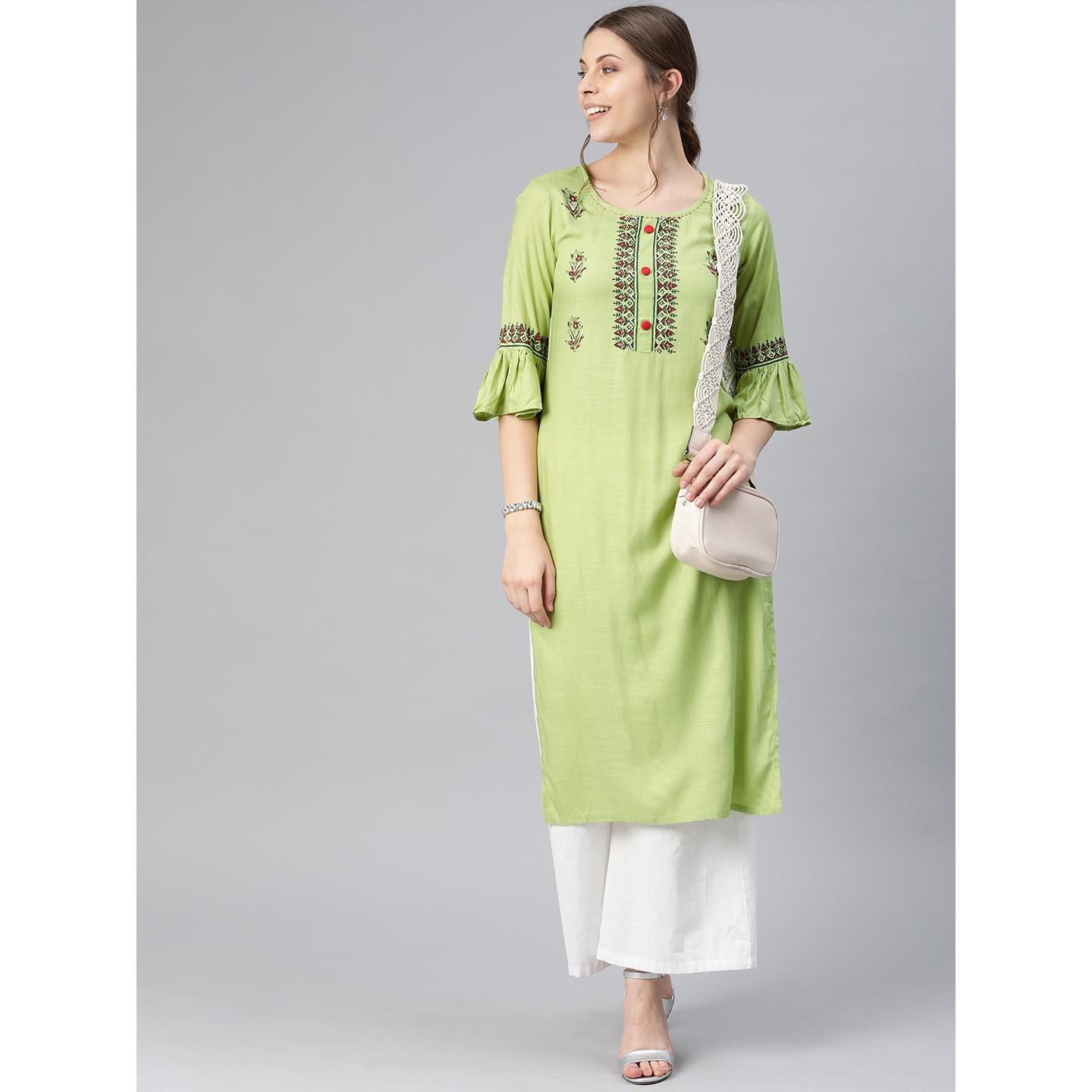 Blissta - Women's Olive Colored Printed&Pearl Work Straight Rayon Kurti - Peachmode