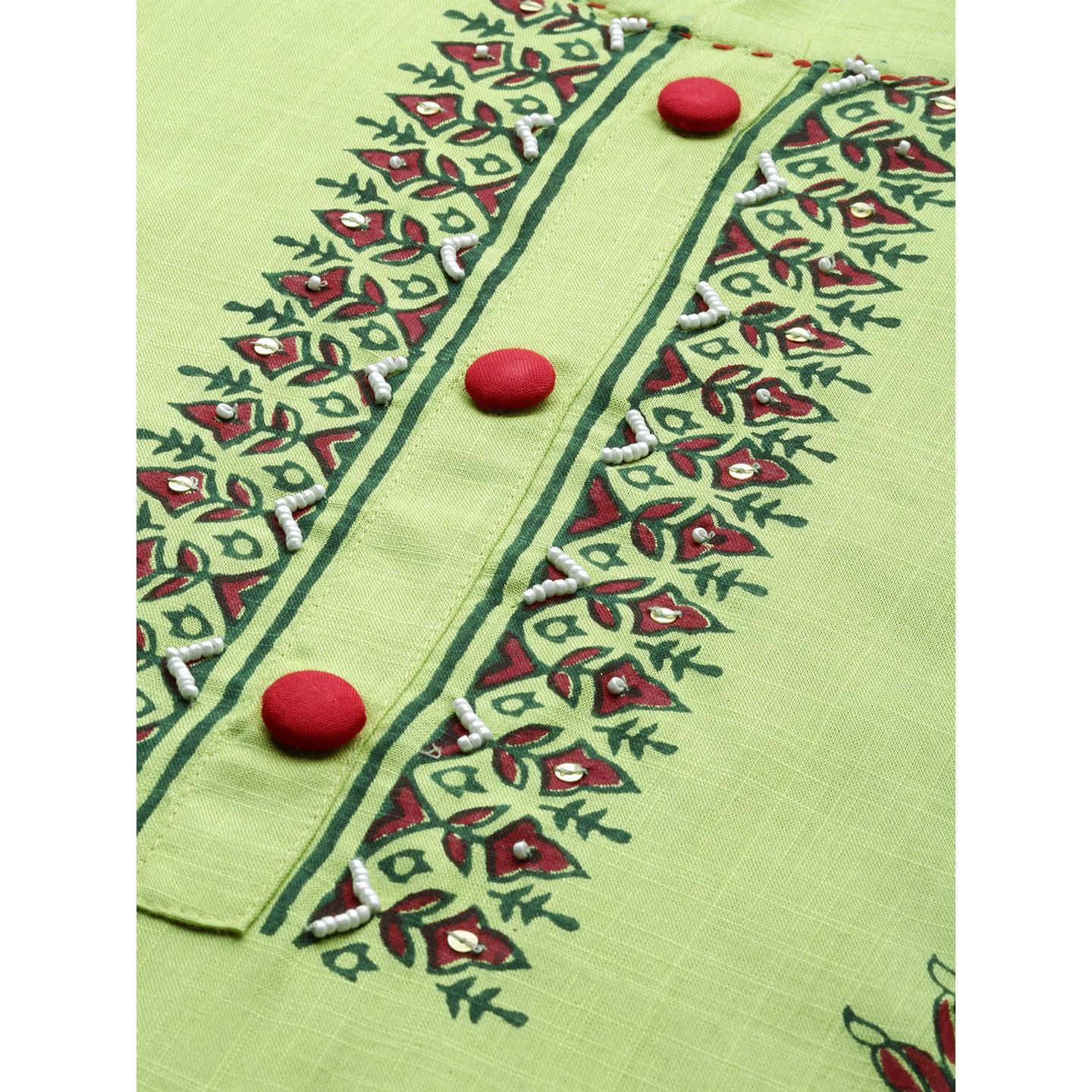 Blissta - Women's Olive Colored Printed&Pearl Work Straight Rayon Kurti - Peachmode