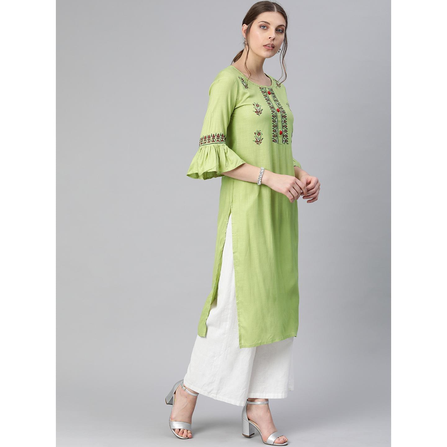 Blissta - Women's Olive Colored Printed&Pearl Work Straight Rayon Kurti - Peachmode