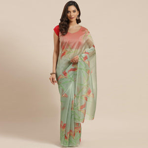 Blissta Women's Parrot Green Colored Floral Printed Organza Saree - Peachmode