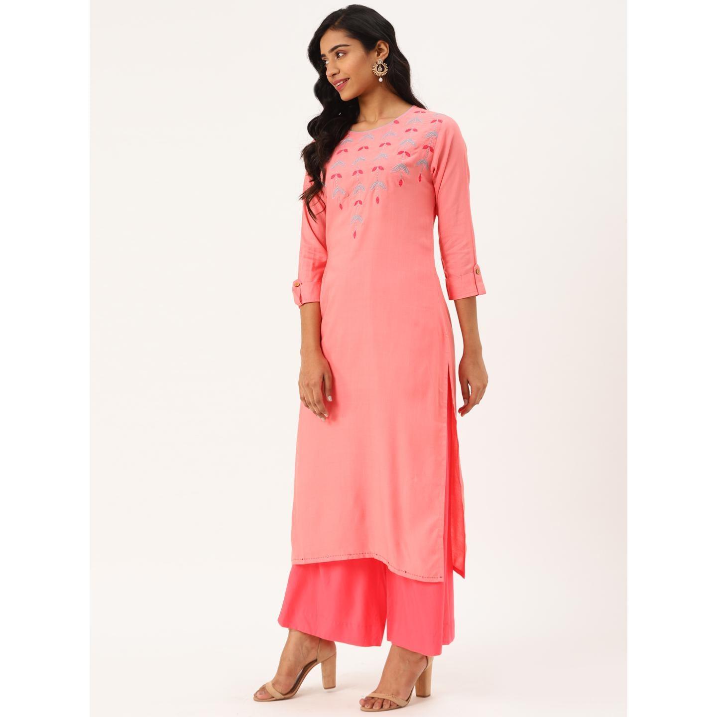 Blissta - Women's Peach Colored Embroidered Rayon Straight Kurti - Peachmode