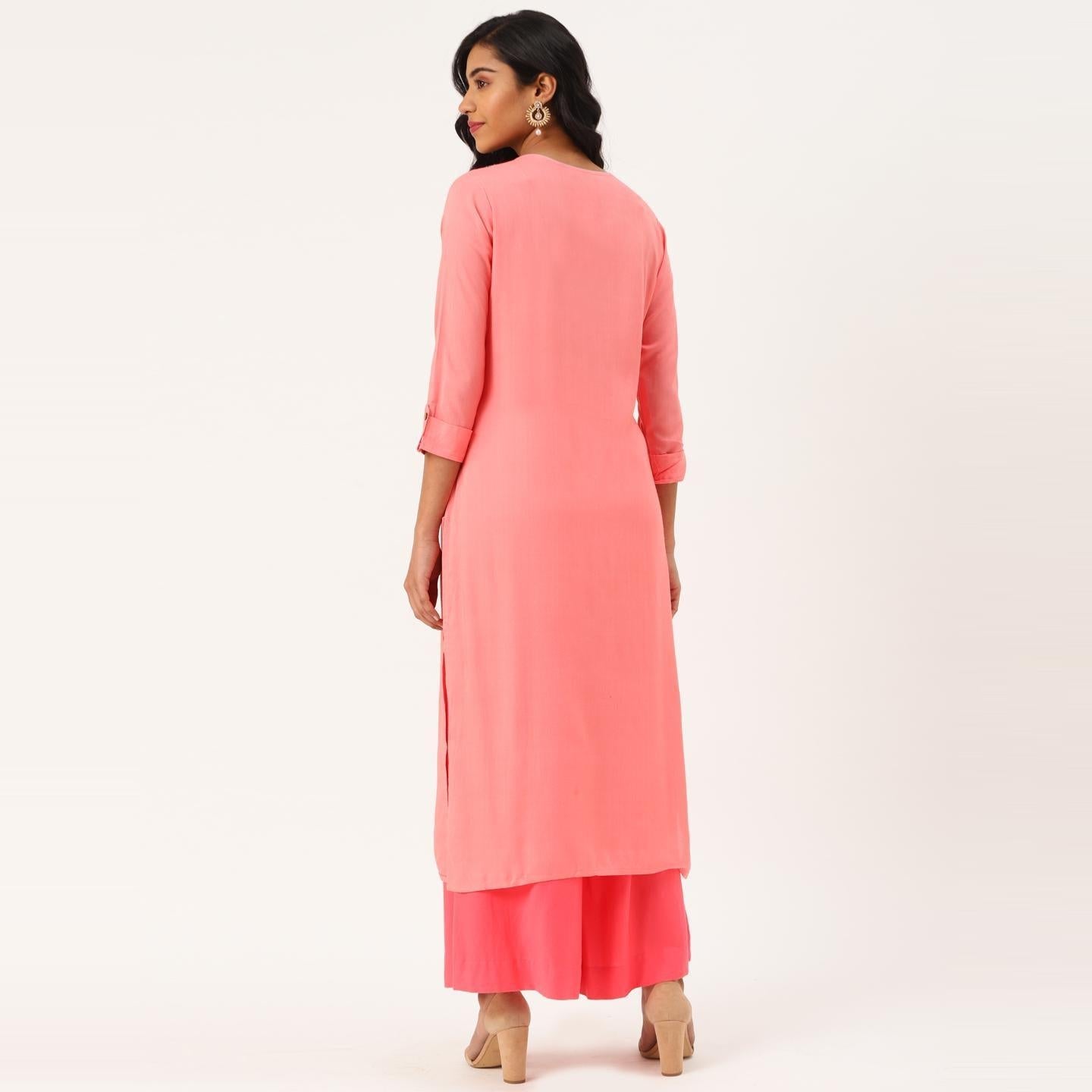 Blissta - Women's Peach Colored Embroidered Rayon Straight Kurti - Peachmode