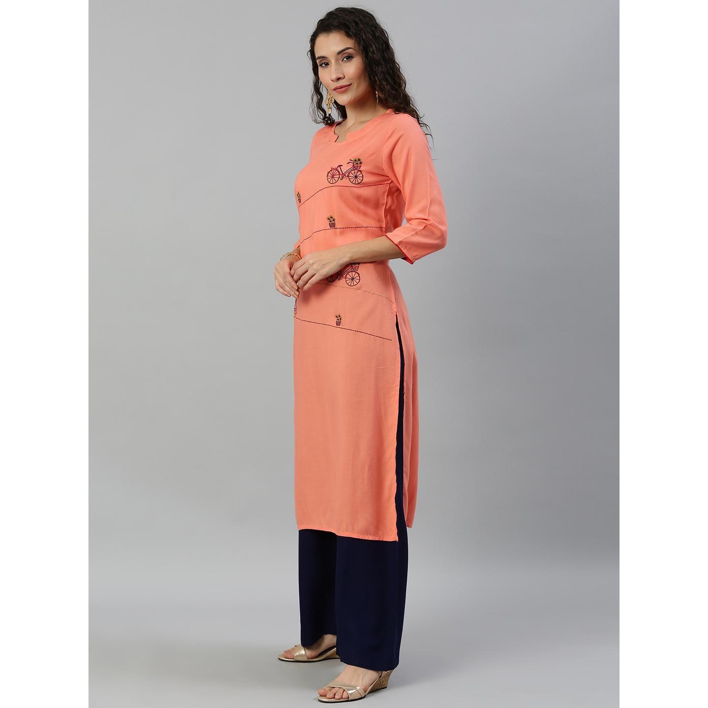 Blissta Women's Peach Coloured Rayon Embroidered Straight Kurti - Peachmode