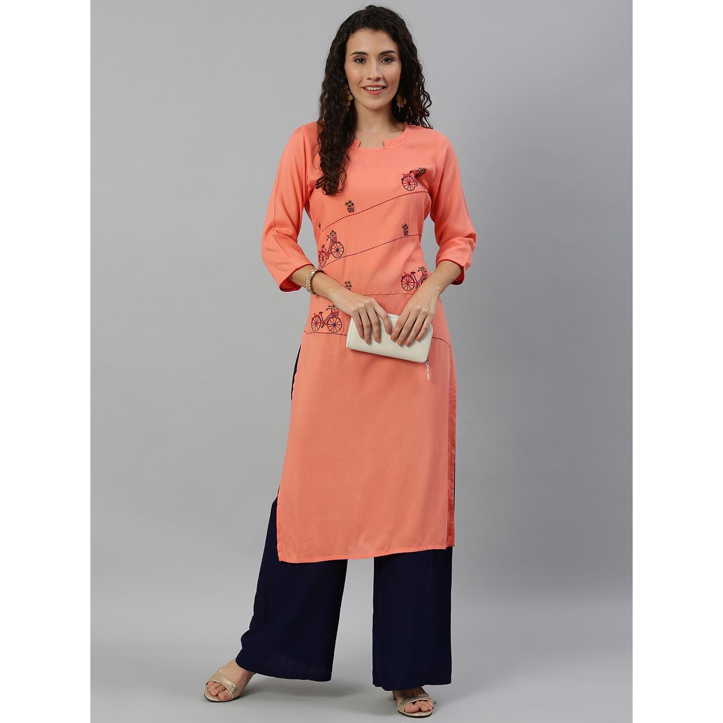 Blissta Women's Peach Coloured Rayon Embroidered Straight Kurti - Peachmode