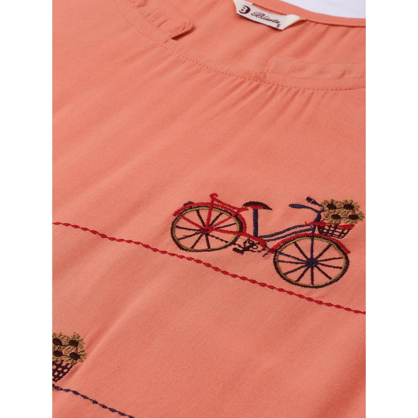 Blissta Women's Peach Coloured Rayon Embroidered Straight Kurti - Peachmode