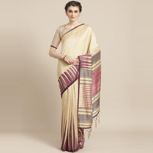 Blooming Beige - Violet Colored Casual Wear Printed Silk Blend Saree - Peachmode
