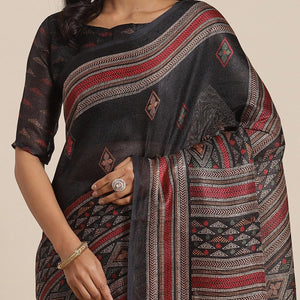 Blooming Black Colored Casual Wear Printed Jute Silk Saree - Peachmode