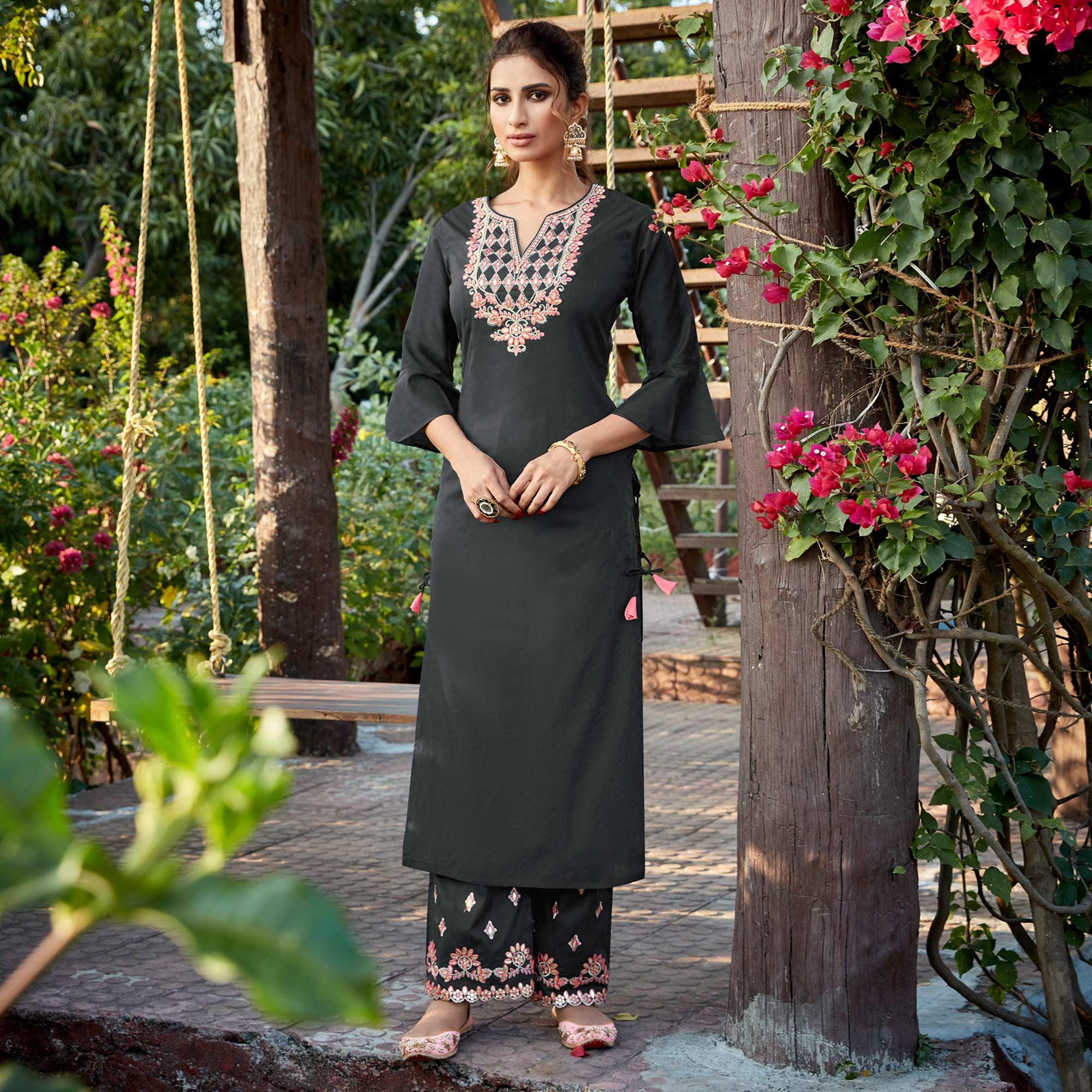 Blooming Black Colored Partywear Embroidered Cotton Silk Kurti-Palazzo Set - Peachmode