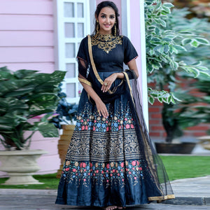 Blooming Black Colored Partywear Embroidered Silk Gown - Peachmode