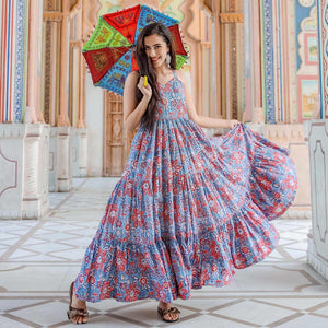 Blooming Blue Colored Casual Wear Digital Floral Printed Cotton Gown With Matching Mask - Peachmode