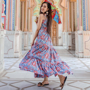 Blooming Blue Colored Casual Wear Digital Floral Printed Cotton Gown With Matching Mask - Peachmode