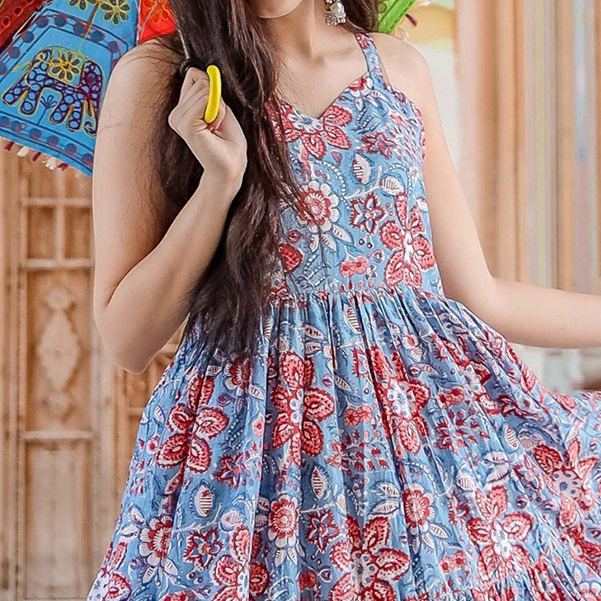 Blooming Blue Colored Casual Wear Digital Floral Printed Cotton Gown With Matching Mask - Peachmode