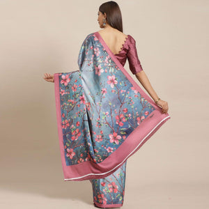 Blooming Blue Colored Casual Wear Printed Satin Crepe Saree - Peachmode