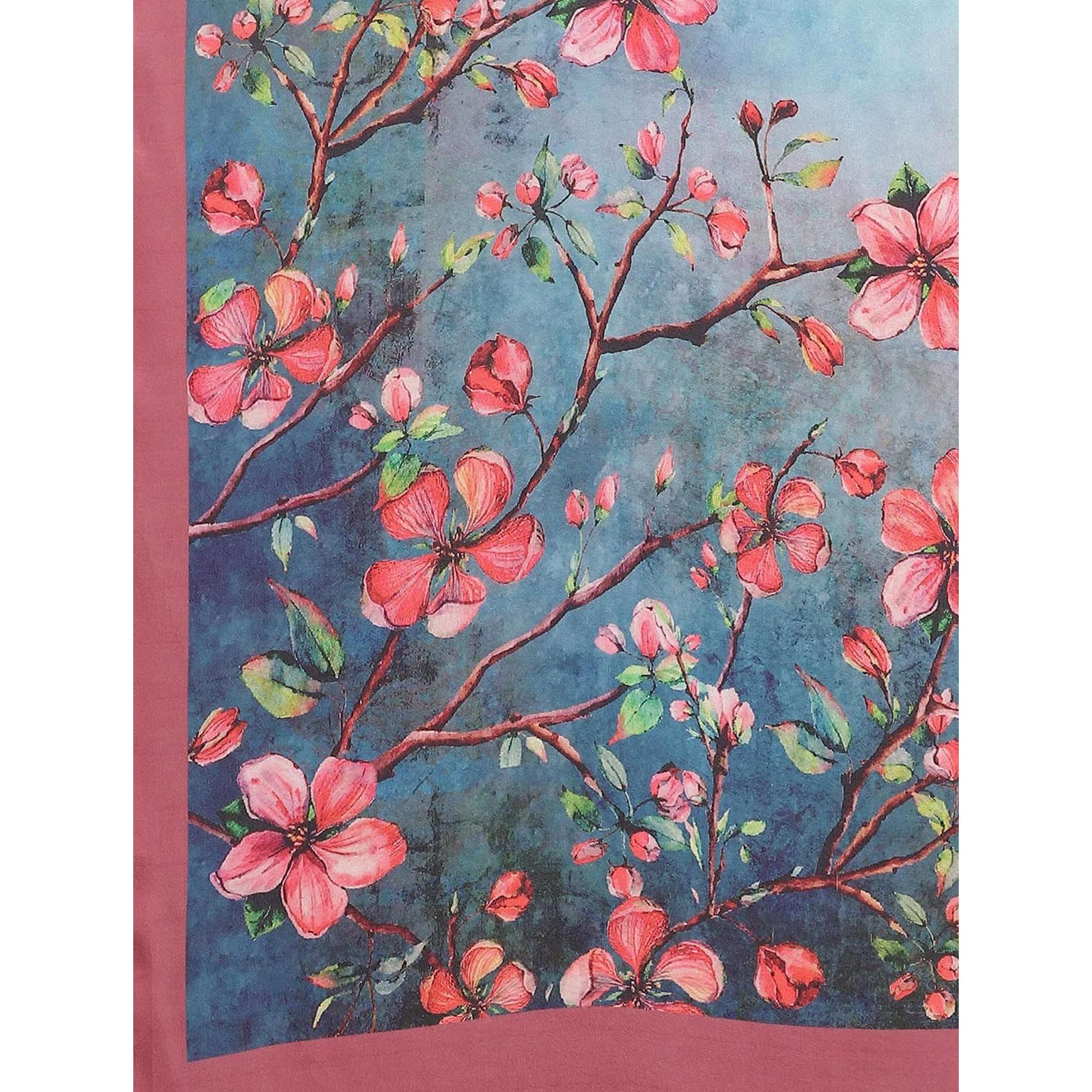 Blooming Blue Colored Casual Wear Printed Satin Crepe Saree - Peachmode