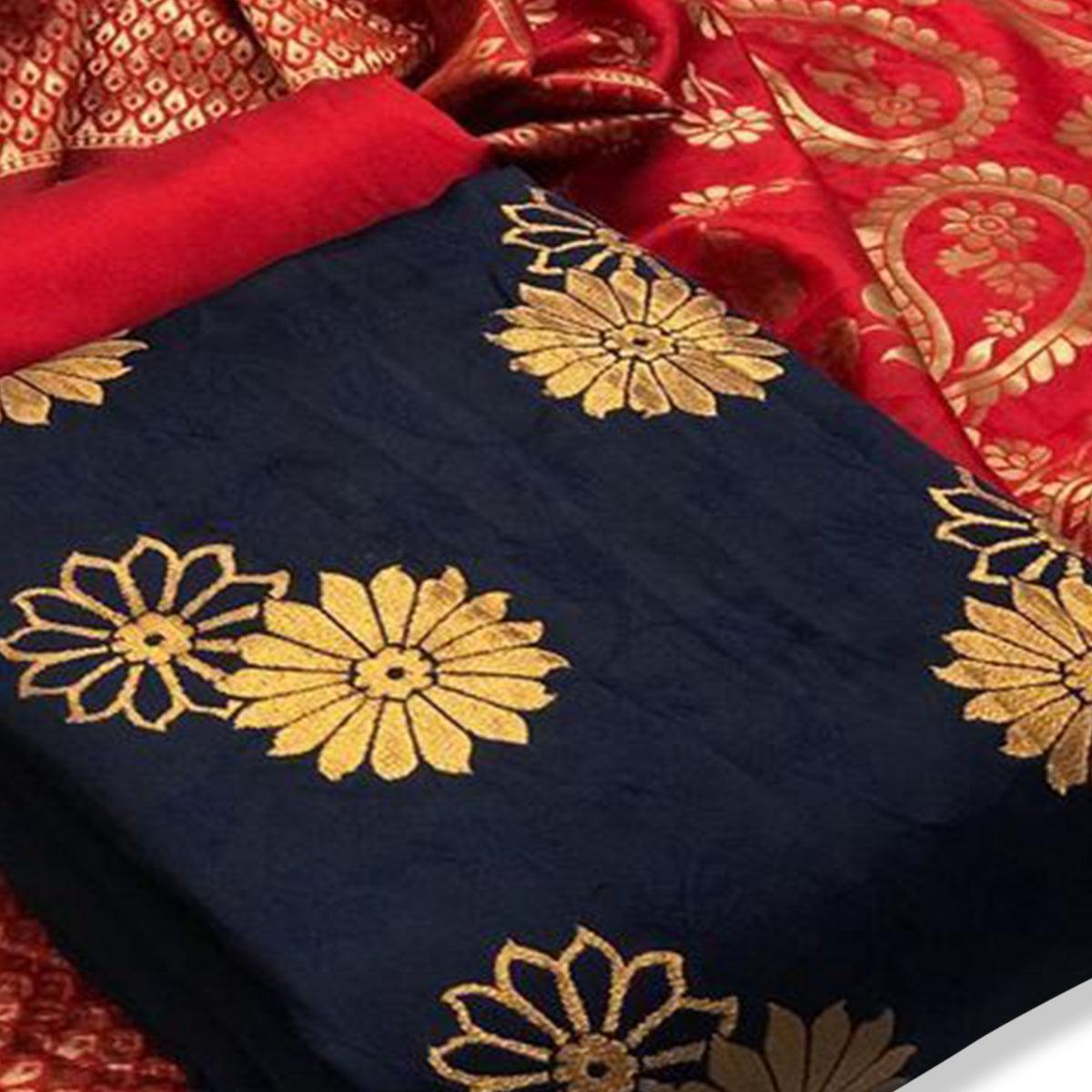 Blooming Blue Colored Casual Wear Woven Banarasi Silk Dress Material - Peachmode