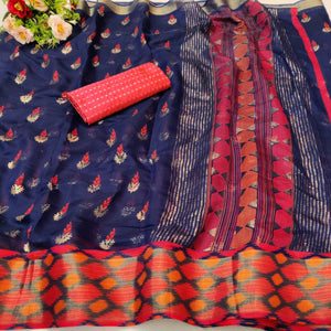 Blooming Blue Colored Festive Wear Foil Printed Cotton Silk Saree - Peachmode