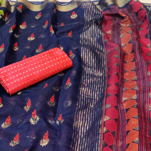 Blooming Blue Colored Festive Wear Foil Printed Cotton Silk Saree - Peachmode