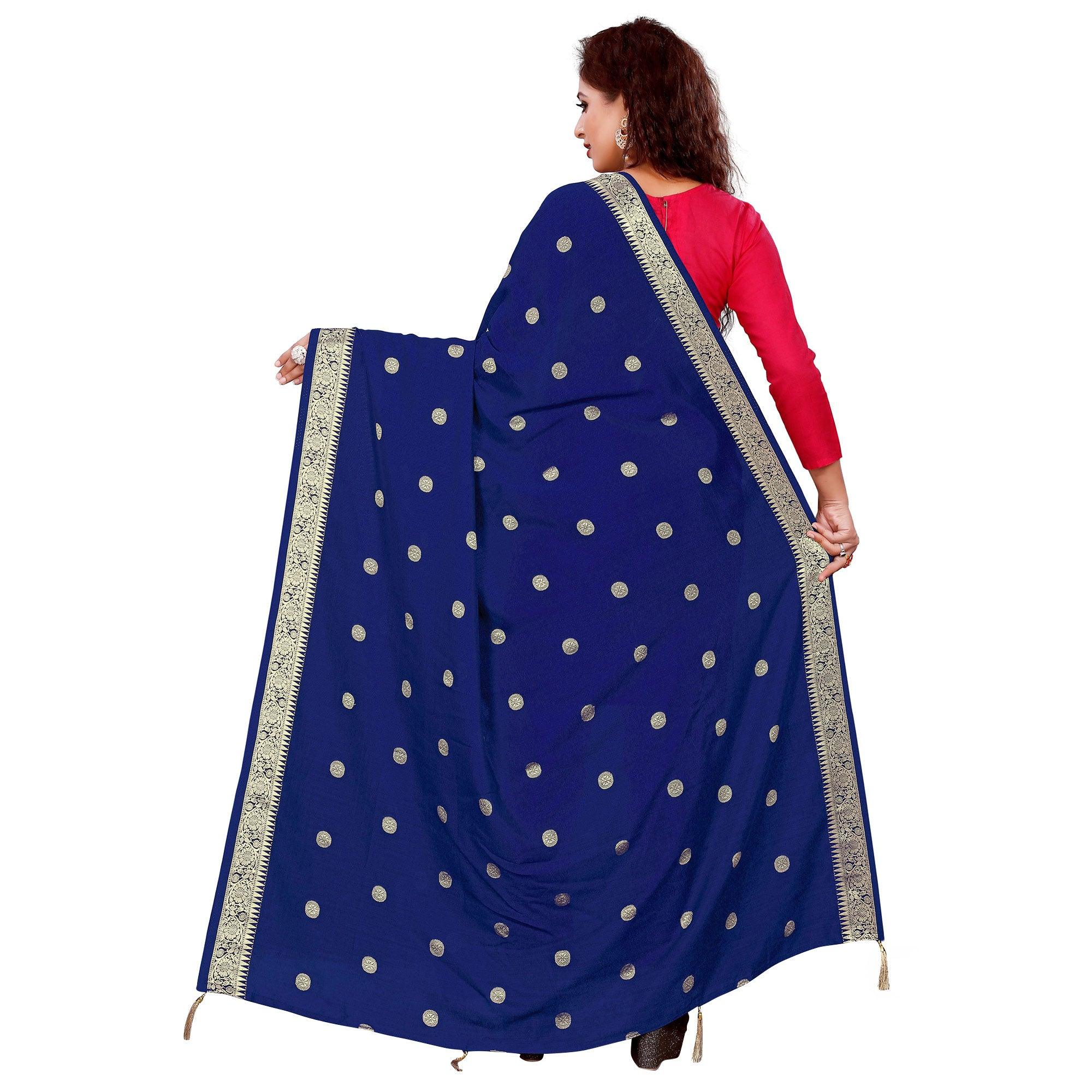 Blooming Blue Colored Festive Wear Woven Art Silk-Viscose Dupatta With Tassels - Peachmode