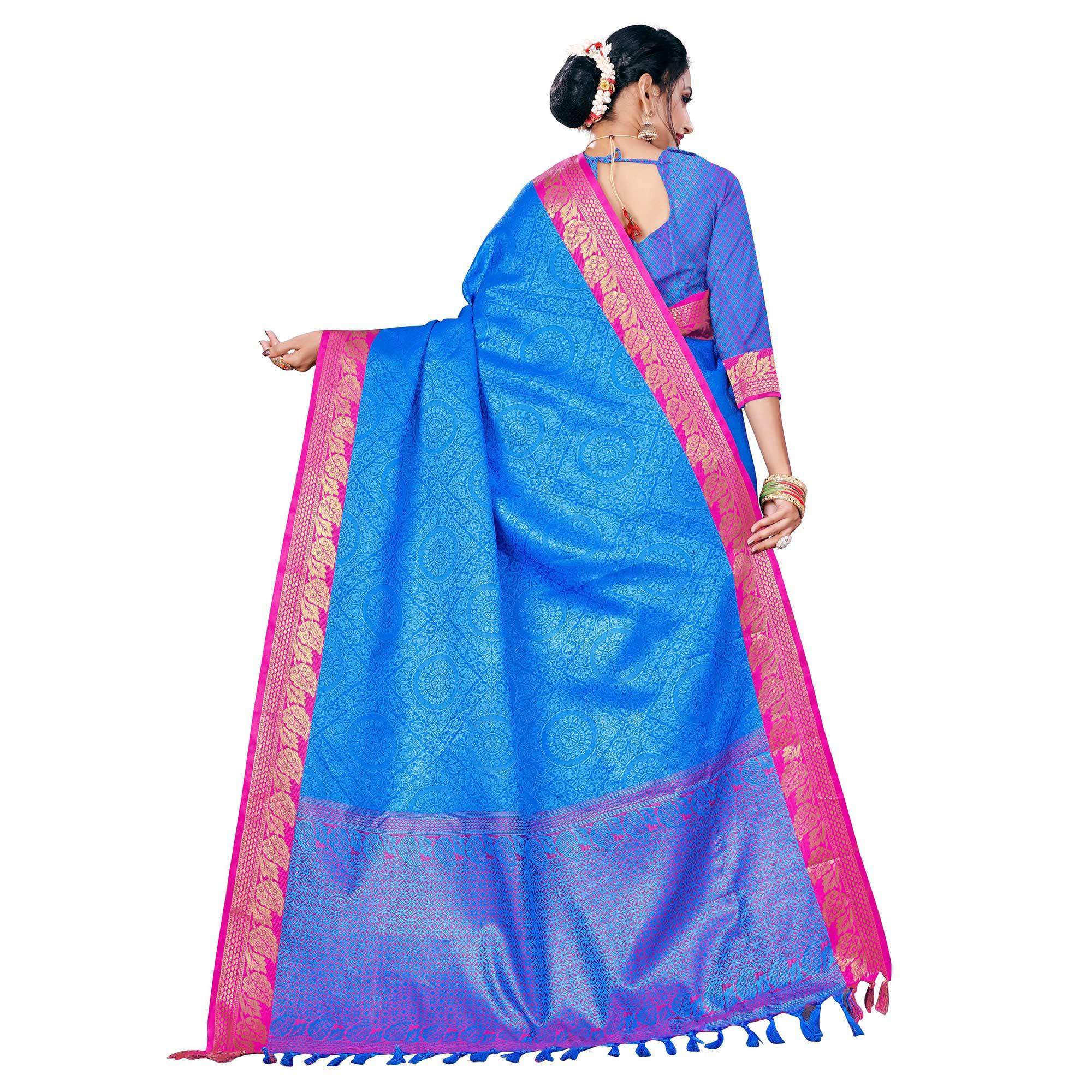 Blooming Blue Colored Festive Wear Woven Banarasi Silk Saree - Peachmode
