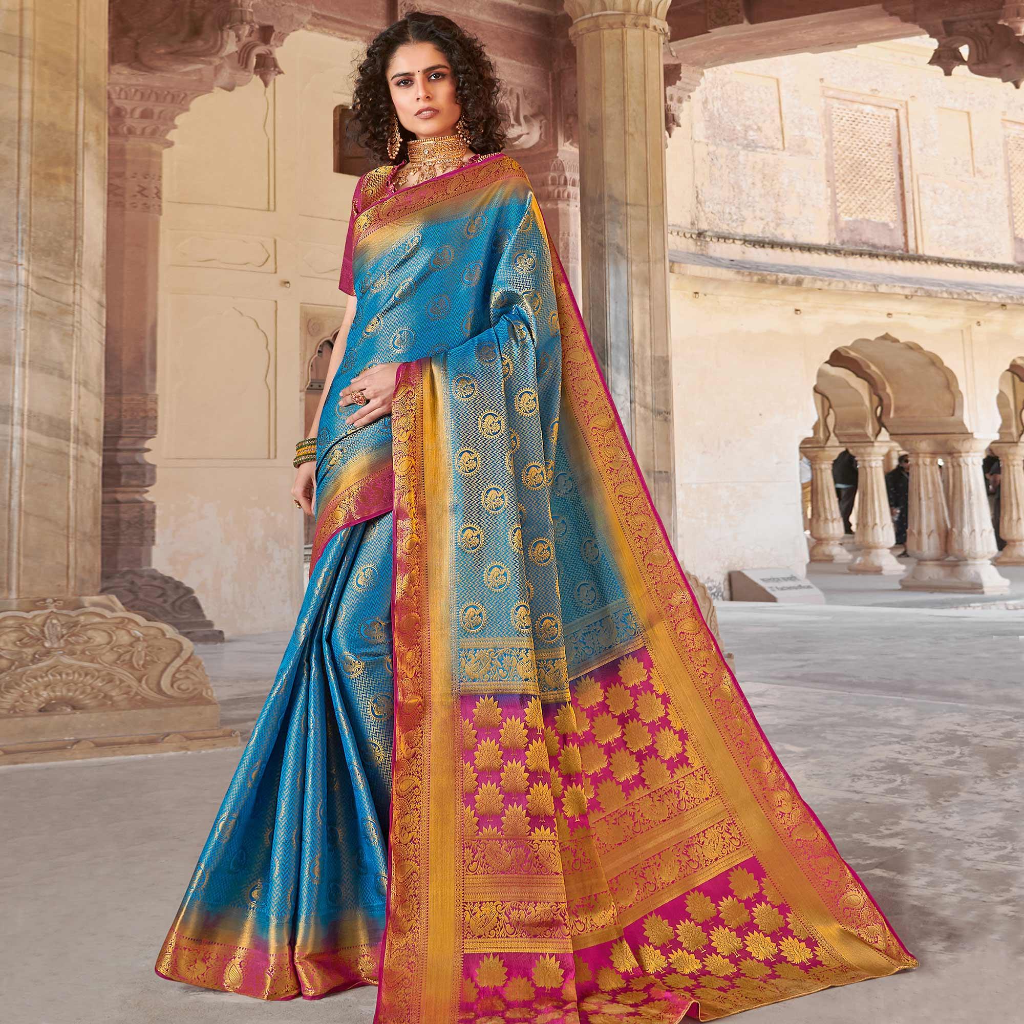 Blooming Blue Colored Festive Wear Woven Silk Saree - Peachmode