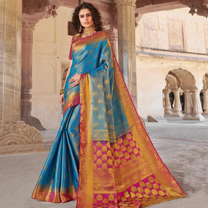 Blooming Blue Colored Festive Wear Woven Silk Saree - Peachmode